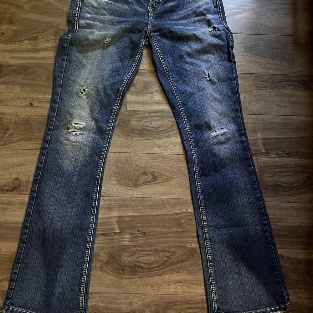 Aiko Distressed Bootcut  Jeans in Dark Blue
